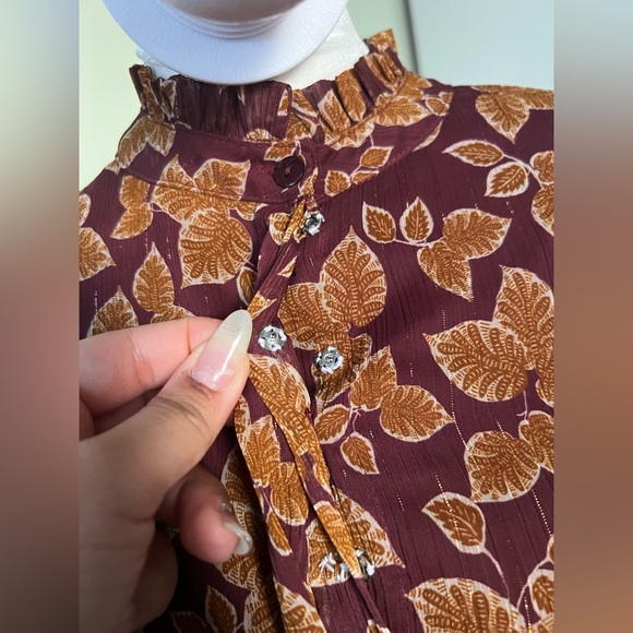 Maroon Orange Autumn Floral Chiffon Mockneck Midi Maxi Fit & Flare Modest Dress - Picture 12 of 17